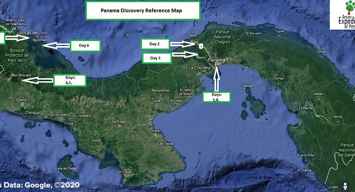 Route map of the Panama Discovery land tour, operating round-trip from Panama City, with visits to Colon, the Panama Canal, Miraflores Locks, Chiriqui, Boquete, Bocas del Toro, Bastimentos Marine National Park & Boca del Drago.