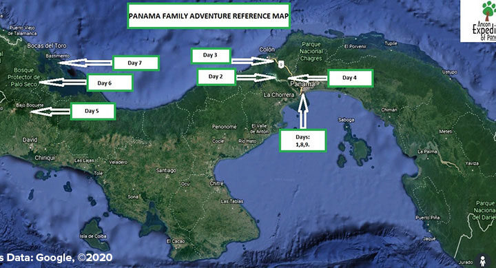 Route map of the Panama Family Adventure land tour, operating round-trip from Panama City, with visits to the Panama Canal, Chagres River, Miraflores Locks & Chiriqui Highlands, Bocas del Toro & Bastimentos Marine National Park.