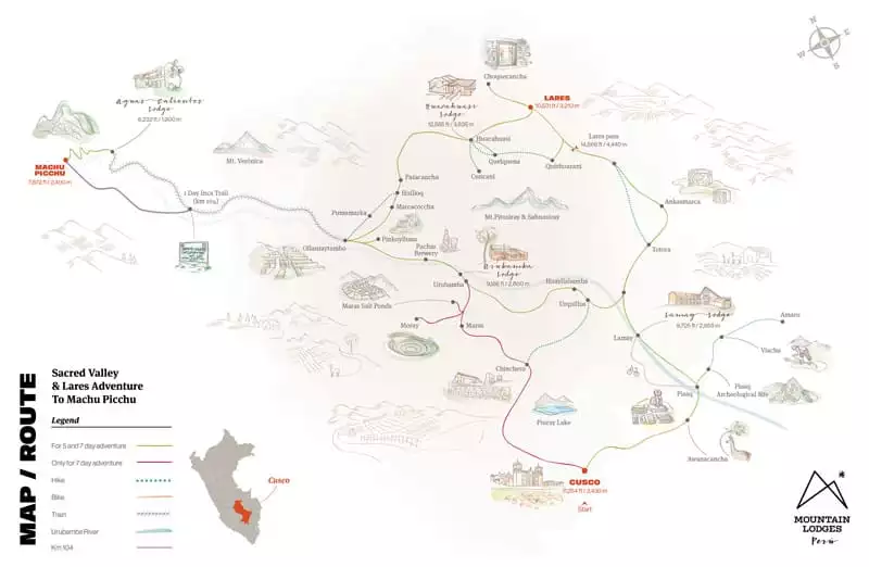 Route map of 5- and 7-day Sacred Valley & Lares Adventure to Machu Picchu, operating round-trip from Cusco, Peru, with visits to Pisaq, Huacahuasi, Ollantaytambo and the ancient Inca citadel.