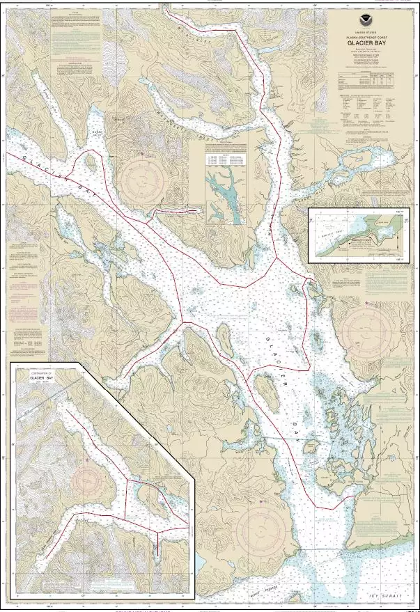 Route Map of Sea Wolf Glacier Bay Adventure Alaska Small Ship Cruise, operating round-trip from Gustavus with visits to Geike Inlet, Reid & Marjorie Glaciers, Gloomy Knob, Muir Inlet, North Sandy Cove & South Marble Island & Point Adolphus.
