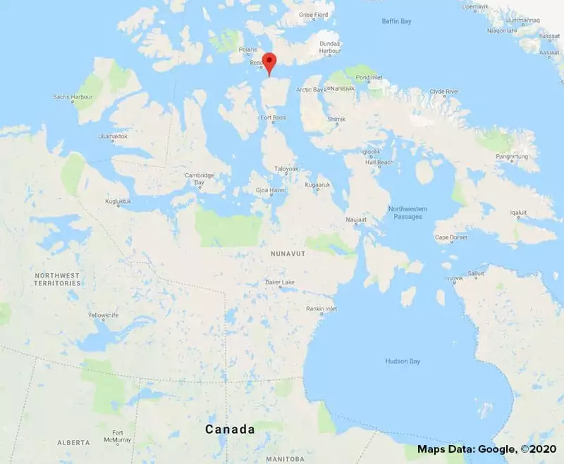 Map of 10-day Arctic Watch wilderness adventure, operating round-trip via charter flight from Yellowknife, Northwest Territories, Canada, with daily excursions from the lodge on Somerset Island, Nunavut, Canada.