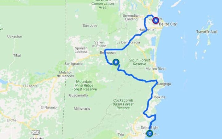 Belize Sacred Caves and Coast route map.