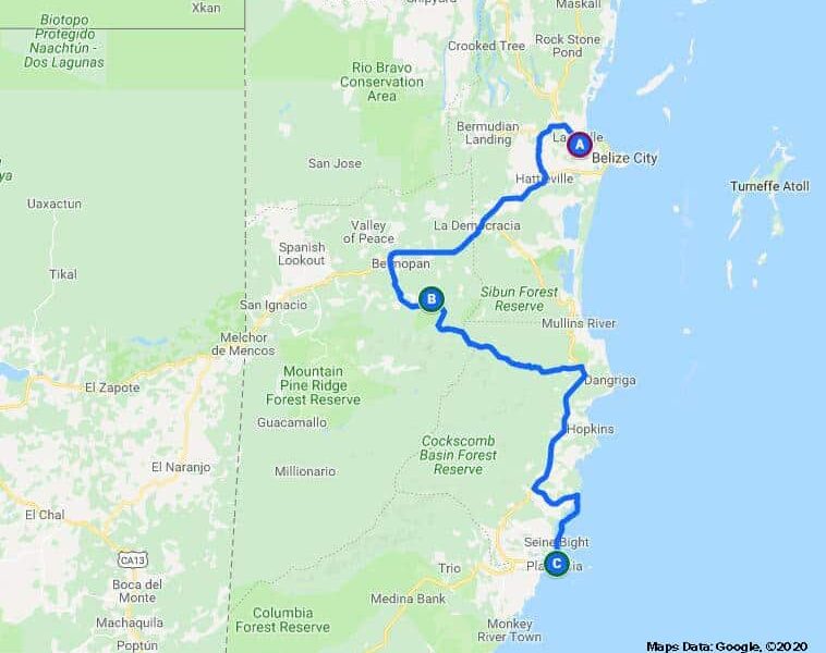 Belize Sacred Caves and Coast route map.