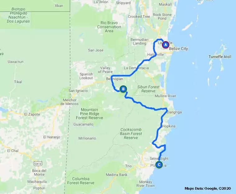 Belize Sacred Caves and Coast route map.