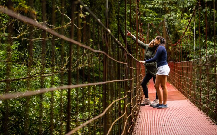2 women stand on a hanging bridge in dense rainforest & point out wildlife during the Costa Rica Family Adventure.