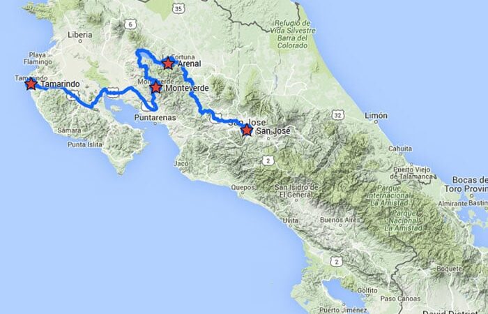 Costa Rica Family Adventure route map.