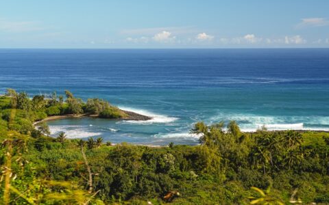 The magnificent coastline of Hawaii, green lush rainforest land leads to coves and beaches white waves blue ocean and blue sky