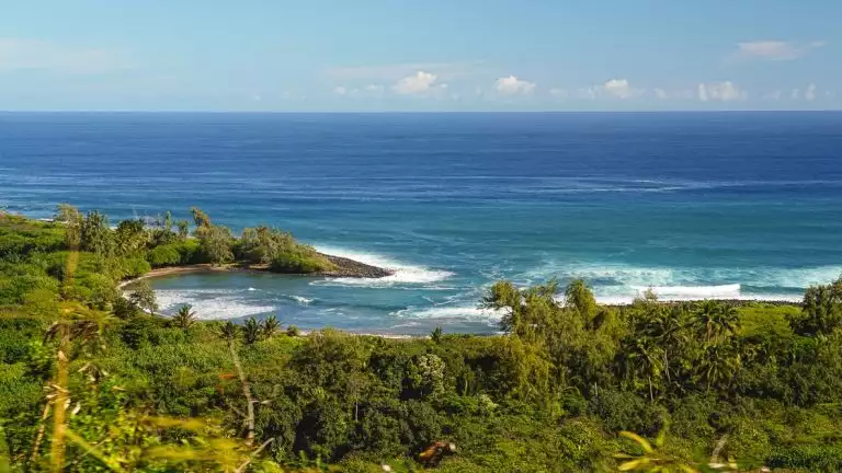 The magnificent coastline of Hawaii, green lush rainforest land leads to coves and beaches white waves blue ocean and blue sky