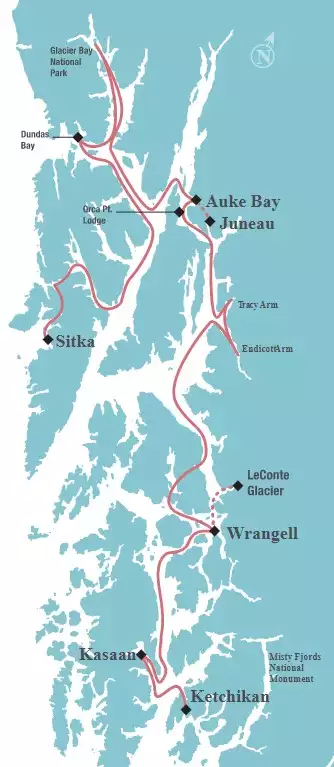cruise route map for Ice of the Inside Passage from Sitka to Ketchikan showing the ship's path in red