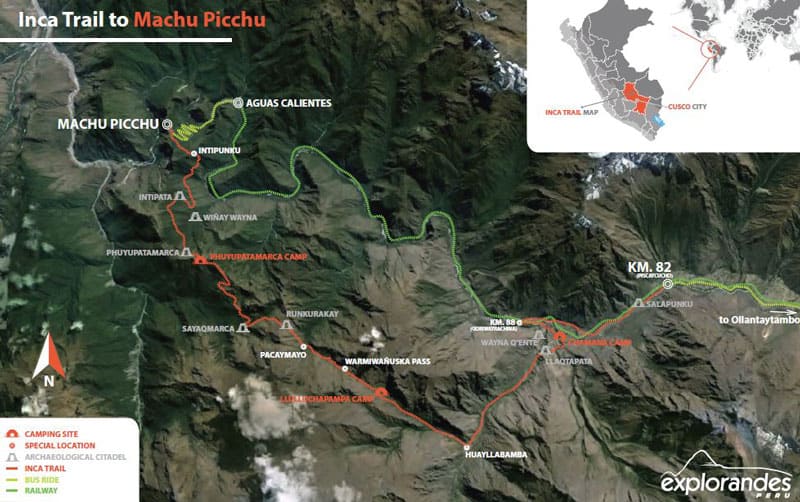 Trail map of Inca Trail trek