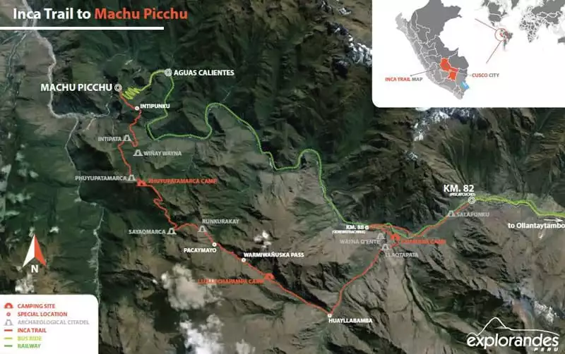 Trail map of Inca Trail trek