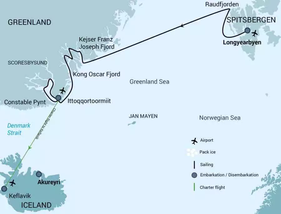 Route map of Spitsbergen Northeast Greenland Arctic cruise, operating from Longyearbyen, Norway, to Keflavik, Iceland.