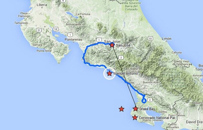 Pacific Costa Rica route map.