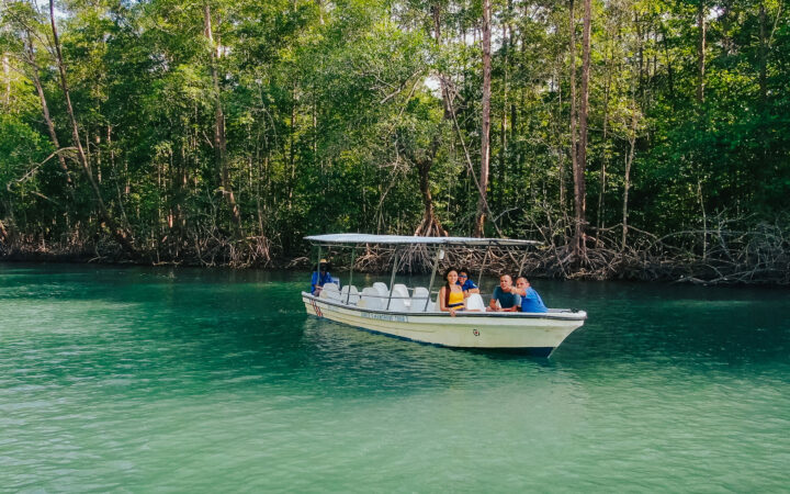 Man sits in a small, narrow boat with a sun shade above him, anchored in a calm bay lined by jungle in Costa Rica.