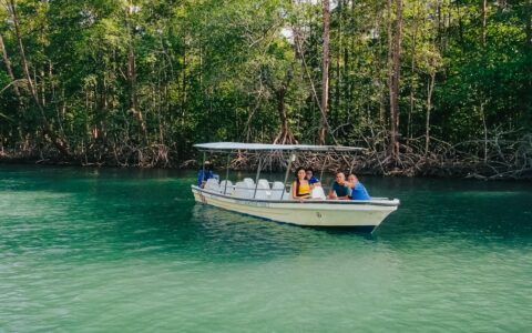 Travelers sit in a small, narrow boat with a sun shade above them, motoring through a calm river lined by jungle in Costa Rica.