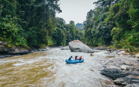 Travelers paddle a large blue raft down a whitewater river with lush jungle on both sides during the Pacific Costa Rica tour.