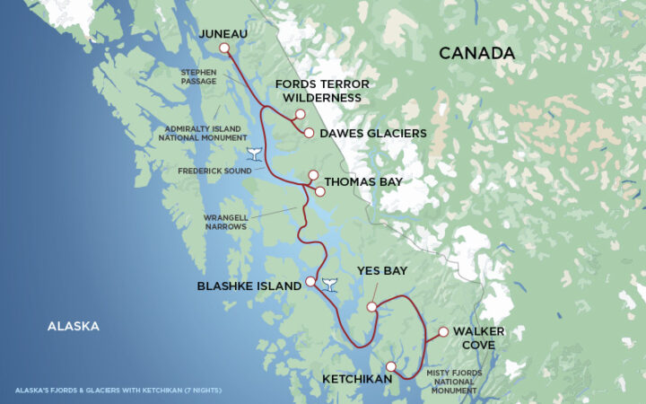 A red line on a green and blue map of Southeast Alaska showing the route of the Alaska Fjords & Glaciers Cruise between Juneau and Ketchikan.