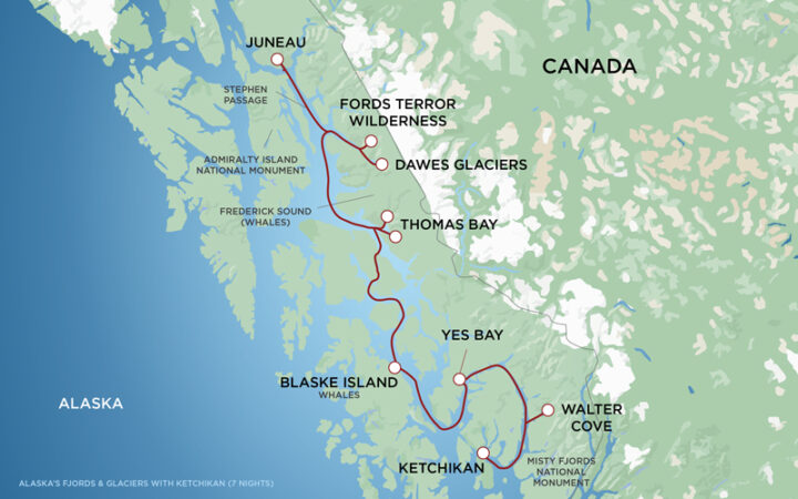 A red line on a green and blue map of Southeast Alaska showing the route of the Alaska Fjords & Glaciers Cruise between Juneau and Ketchikan.