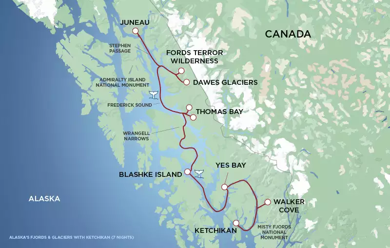 A red line on a green and blue map of Southeast Alaska showing the route of the Alaska Fjords & Glaciers Cruise between Juneau and Ketchikan.