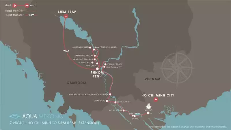 Route map of Aqua Mekong River Cruise 8-Day Low-Water Up-River small ship expedition from Saigon, Vietnam, to Siem Reap, Cambodia, with stops at My Tho, Binh Thanh, Sa Dec, My An Hung, Chau Doc, Koh Oknha Tey, Preah Prosop, Phnom Penh, Koh Chen, Kampong Prasat, Kampong Chhnang & Kampong Tralach.