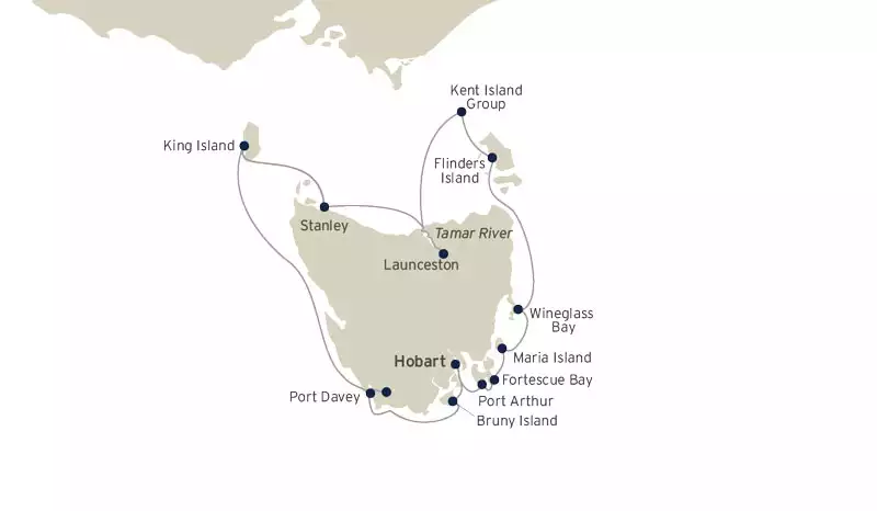 Route map of Circumnavigation of Tasmania itinerary, operating round-trip from Hobart, Australia with additional visits to King Island, the Kent Island Group & Flinders Island.