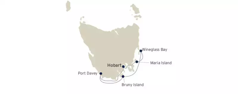 Route map of Science Walks of Tasmania small ship cruise round-trip from Hobart with visits along the southern coastline.
