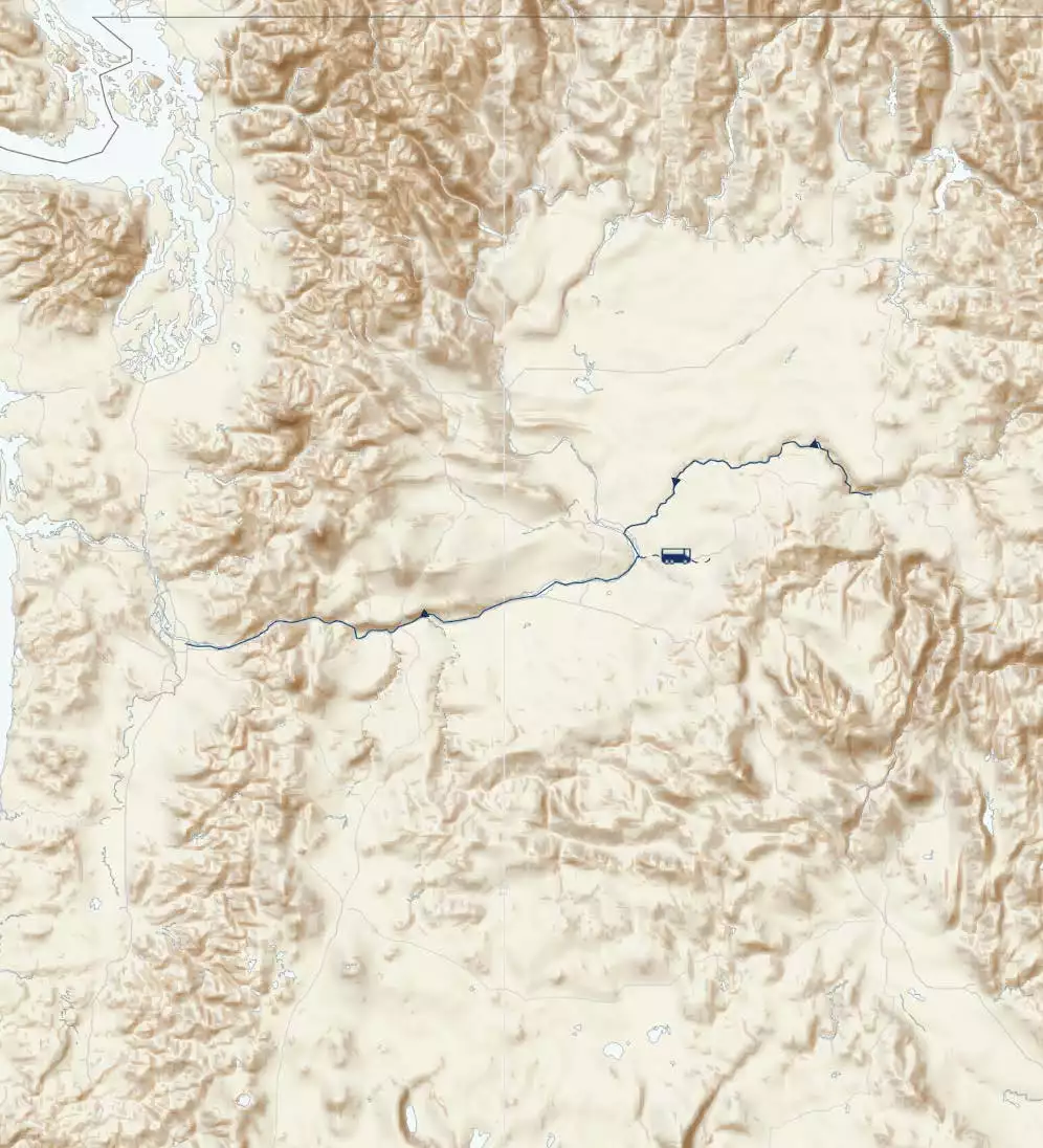 Route map of Spring Bloom departures of the Columbia & Snake Rivers Journey small ship cruise, operating between Portland, Oregon, and Clarkston, Washington, with visits along the Columbia, Hood & Palouse Rivers, including Walla Walla.