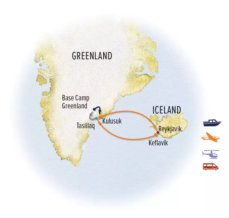 East Greenland Arctic Adventure land tour route map, round-trip from Reykjavik, Iceland with visits to Kulusuk & Tasiilaq.