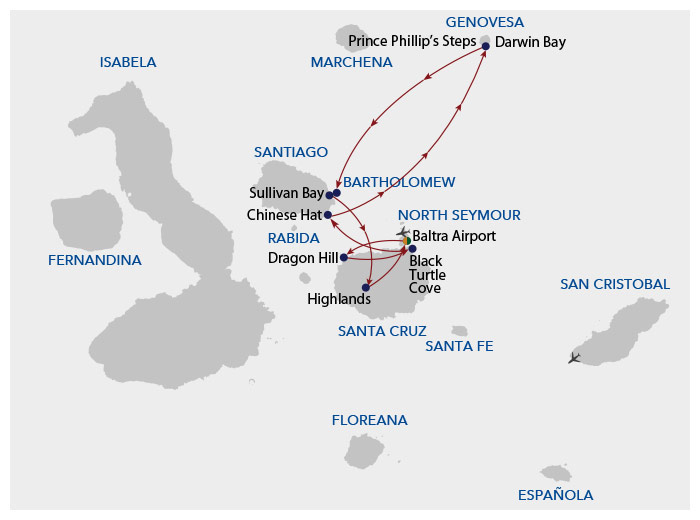 route map of small ship galapagos sea star cruise showing its 5 day northen route
