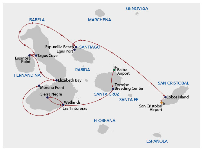 route map of small ship cruise around the galapagos islands aboard small ship galapagos sea star