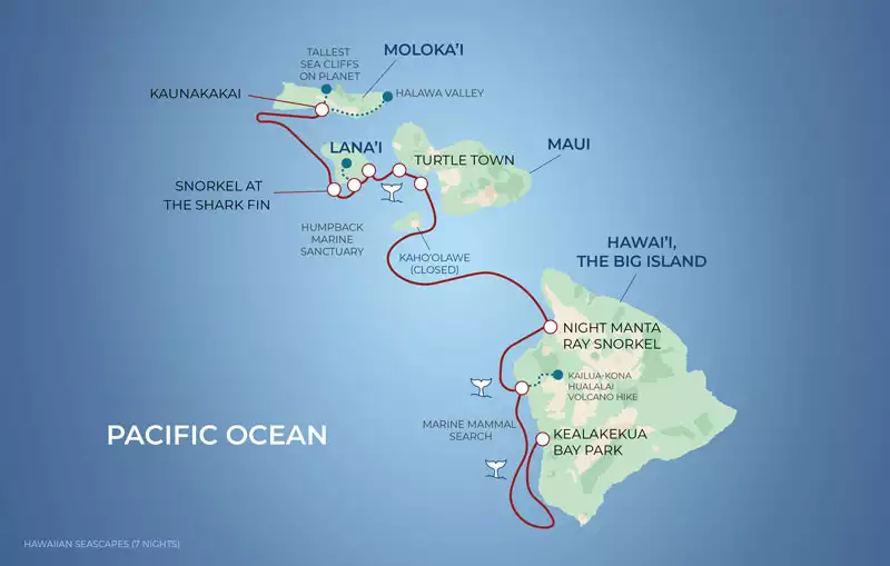 A red line on a map of Hawaii shows the path of the Hawaiian Seascapes cruise between Molokai and Maui.