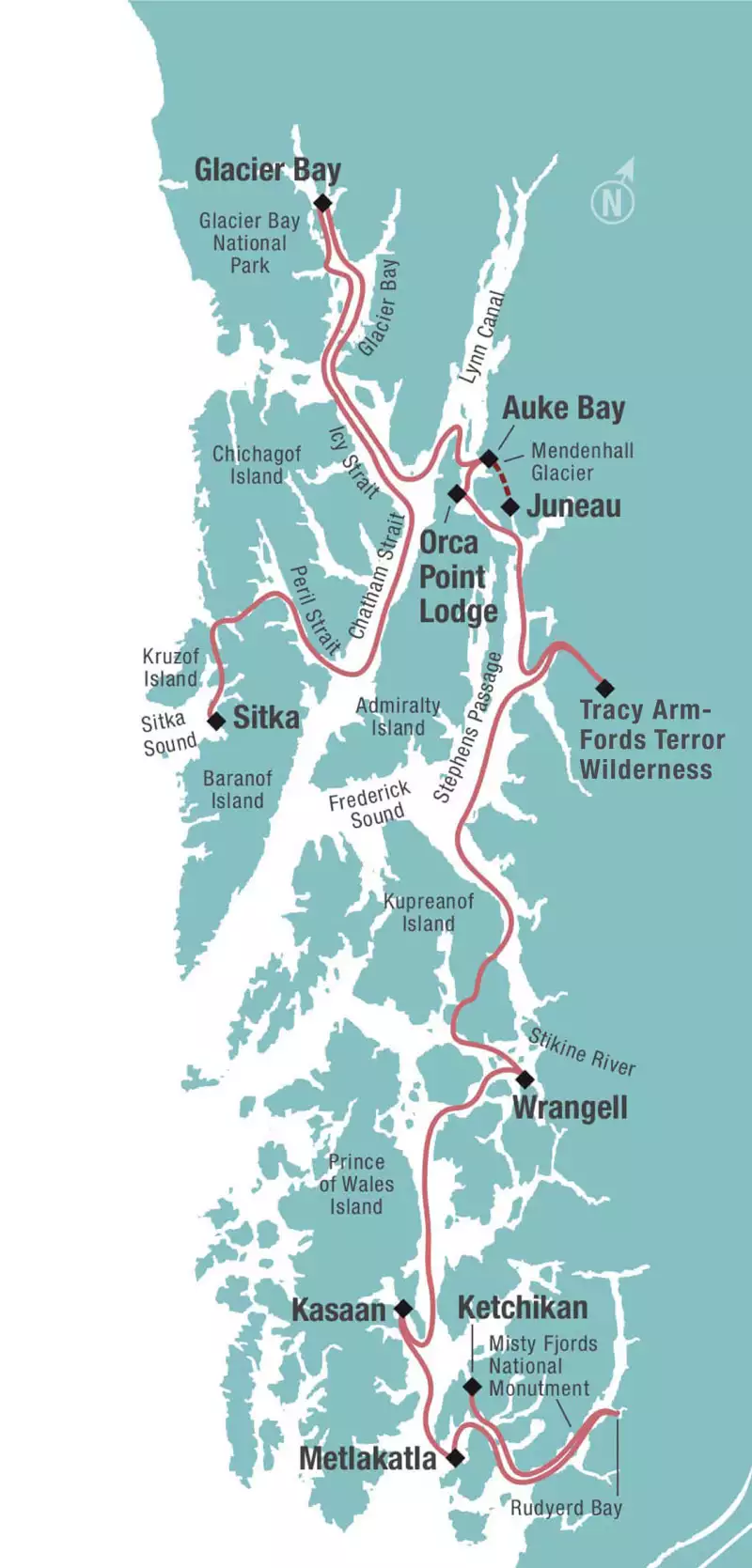 Alaska's Inside Passage Sojourn cruise Ketchikan to Sitka route map.