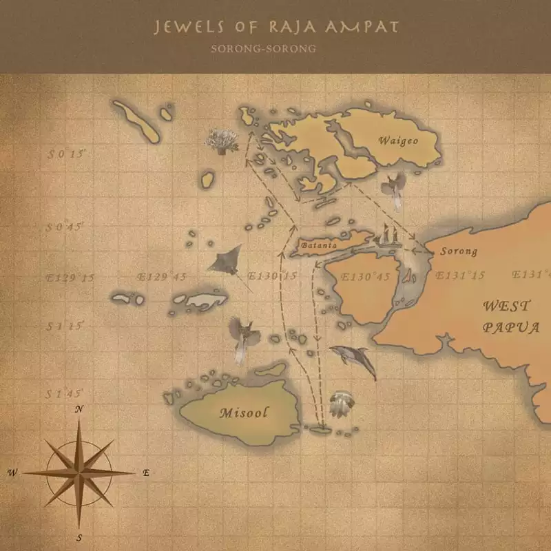 Route map for Sailing Indonesia: Jewels of Raja Ampat small ship cruise, operating round-trip from Sorong with visits to the Misool Archipelago, Tomolol Bay, Batanta Island, the Dampier Strait, west Waigeo, the Wayag Islands & Bay of Yengeffo.