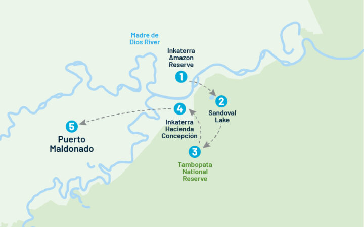 Route map of 5-day Peru Amazon Adventure land tour, round-trip from Puerto Maldonado, with visits to Inkaterra Amazon Reserve, Sandoval Lake, Tambopata National Reserve & Inkaterra Hacienda Concepcion.