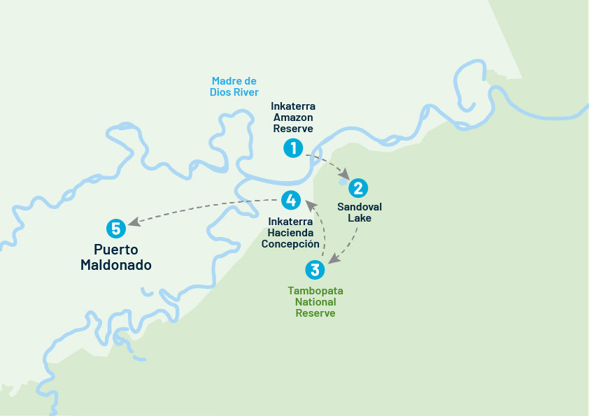 Route map of 5-day Peru Amazon Adventure land tour, round-trip from Puerto Maldonado, with visits to Inkaterra Amazon Reserve, Sandoval Lake, Tambopata National Reserve & Inkaterra Hacienda Concepcion.