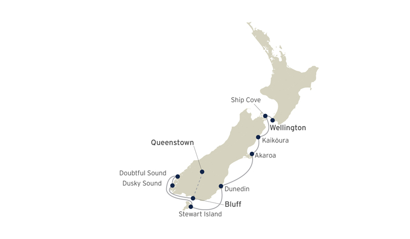 Route map of South Island & Fiordlands of New Zealand cruise from Bluff to Wellington with visits along the east coast, Milford Sound & Stewart Island.