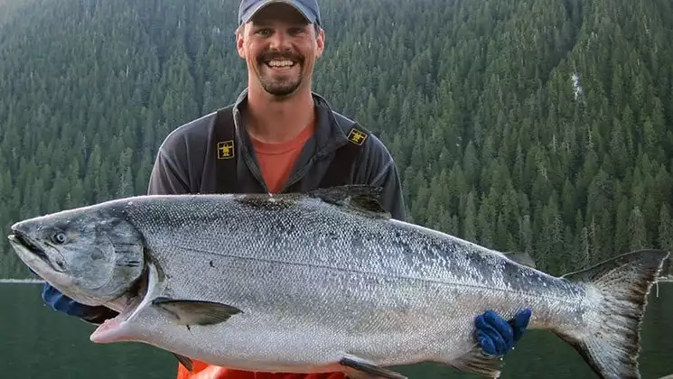 man holds giant fish caught on the sikumi custom alaska cruise
