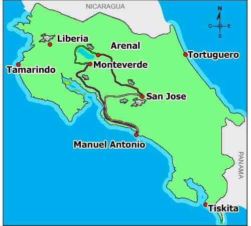 Route map of Tropical Rainforests & Manuel Antonio land tour, operating round-trip from San Jose, Costa Rica, with visits to La Paz Waterfall Gardens, Arenal, Monteverde & the national park.