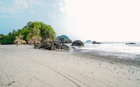 White-sand beach with calm sea & lush jungle seen on the Tropical Rainforests & Manuel Antonio Costa Rica tour.