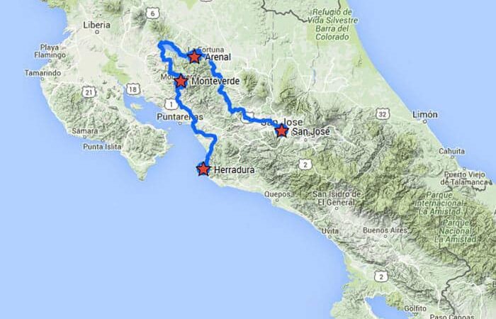 Costa Rica Explorer route map from San Jose, Costa Rica.