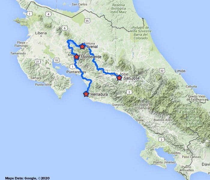 Costa Rica Explorer route map from San Jose, Costa Rica.