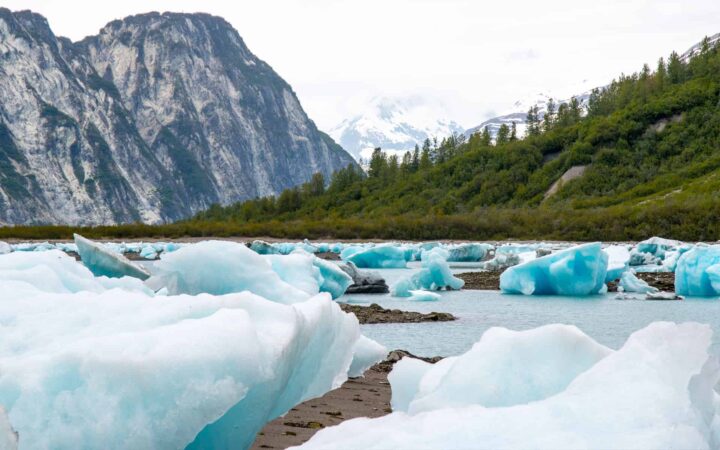 showcasing the alaska climate with overcast sky above icebergs with green mountains and cliffs in the background