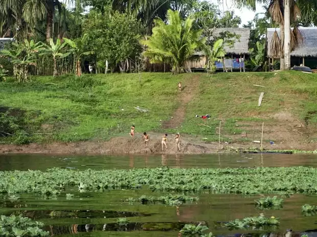 A group of children from a village playing on the river shores. 