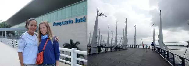 Galapagos traveler with city guide at the airport and El Malecon on the river of Guayaquil.