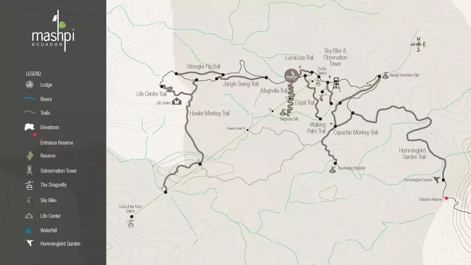 Map of Mashpi Lodge grounds, with various trails, Life Centre, waterfalls, Orchid Station, Sky Bike, Observation Tower & Hummingbird Garden.