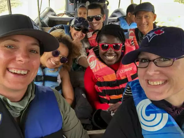 Happy guests on a skiff excursion off their small ship cruise in Panama. 