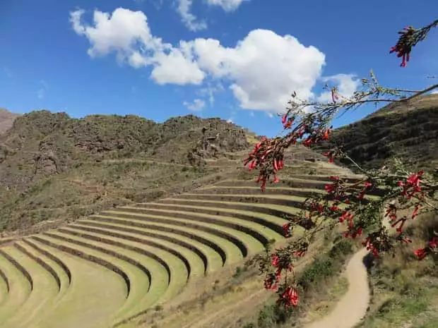 Stone terraces in a hillside with a water irrigation canal next to it.