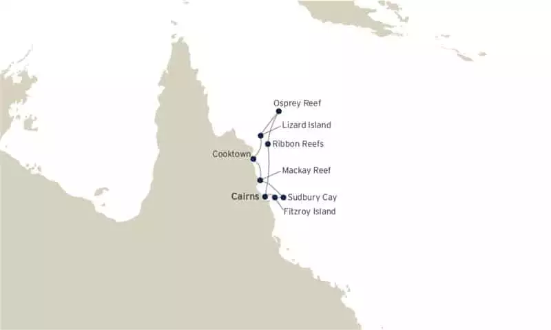 Route map of Outerknown Adventures on the Great Barrier Reef Cruises, operating round-trip from Cairns, Australia.