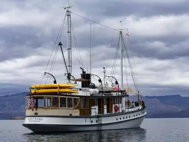 View of the Westward small ship cruise boat in Baja with kayaks.