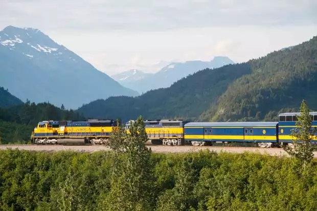 Alaska Railroad train stopped on the tracks. 